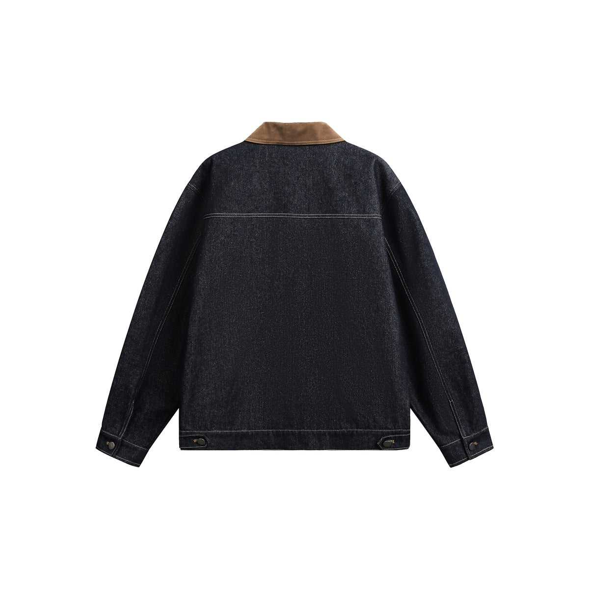 Back view of a dark indigo denim jacket with a brown collar and button-adjustable hem and cuffs.