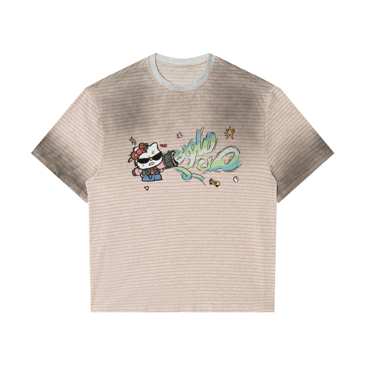 Pink striped short-sleeve T-shirt with dark sprayed shading, gray collar and cartoon cat graffiti graphic, front view
