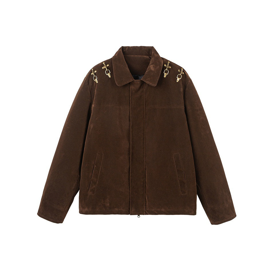 Brown suede-look zip jacket with collar, front pockets and gold metal hooks on the shoulders, flat front view