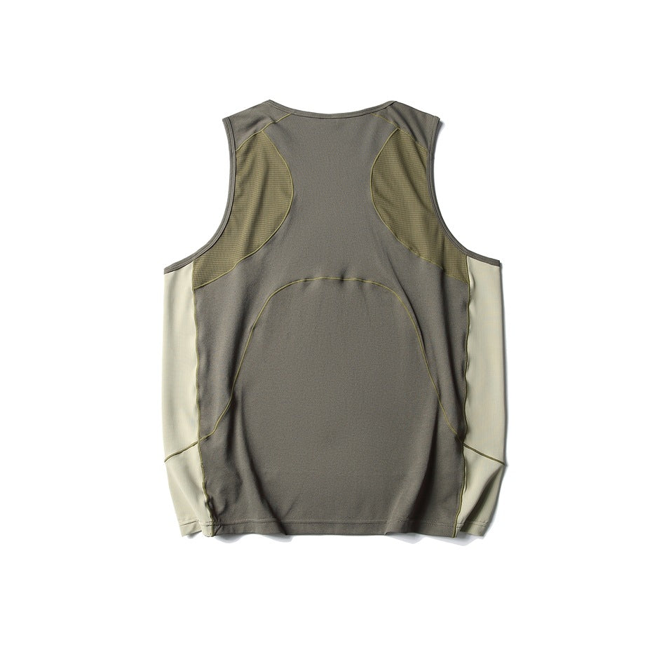 Back view of a gray-olive sleeveless tank laid flat, with pale side panels and curved contrast seams.