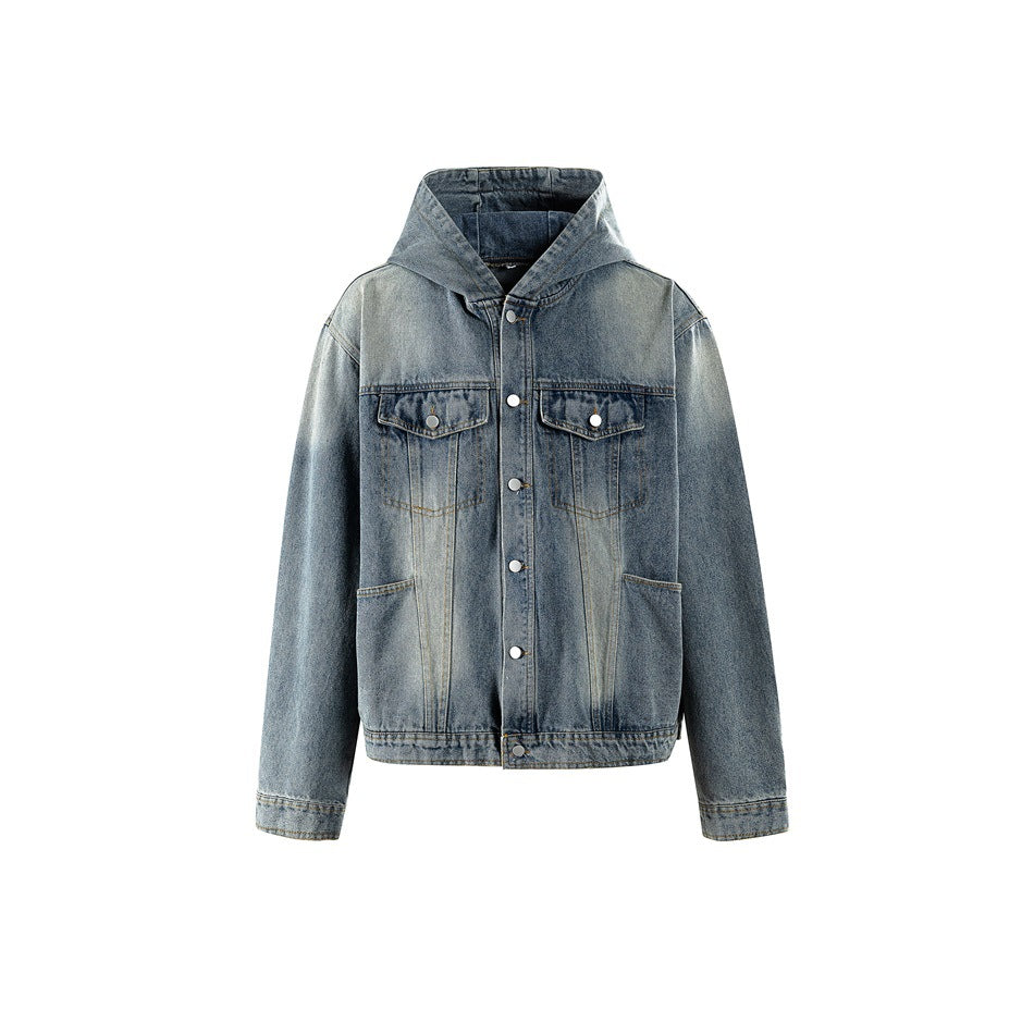 Faded blue denim hooded jacket, front view, with snap buttons and chest flap pockets