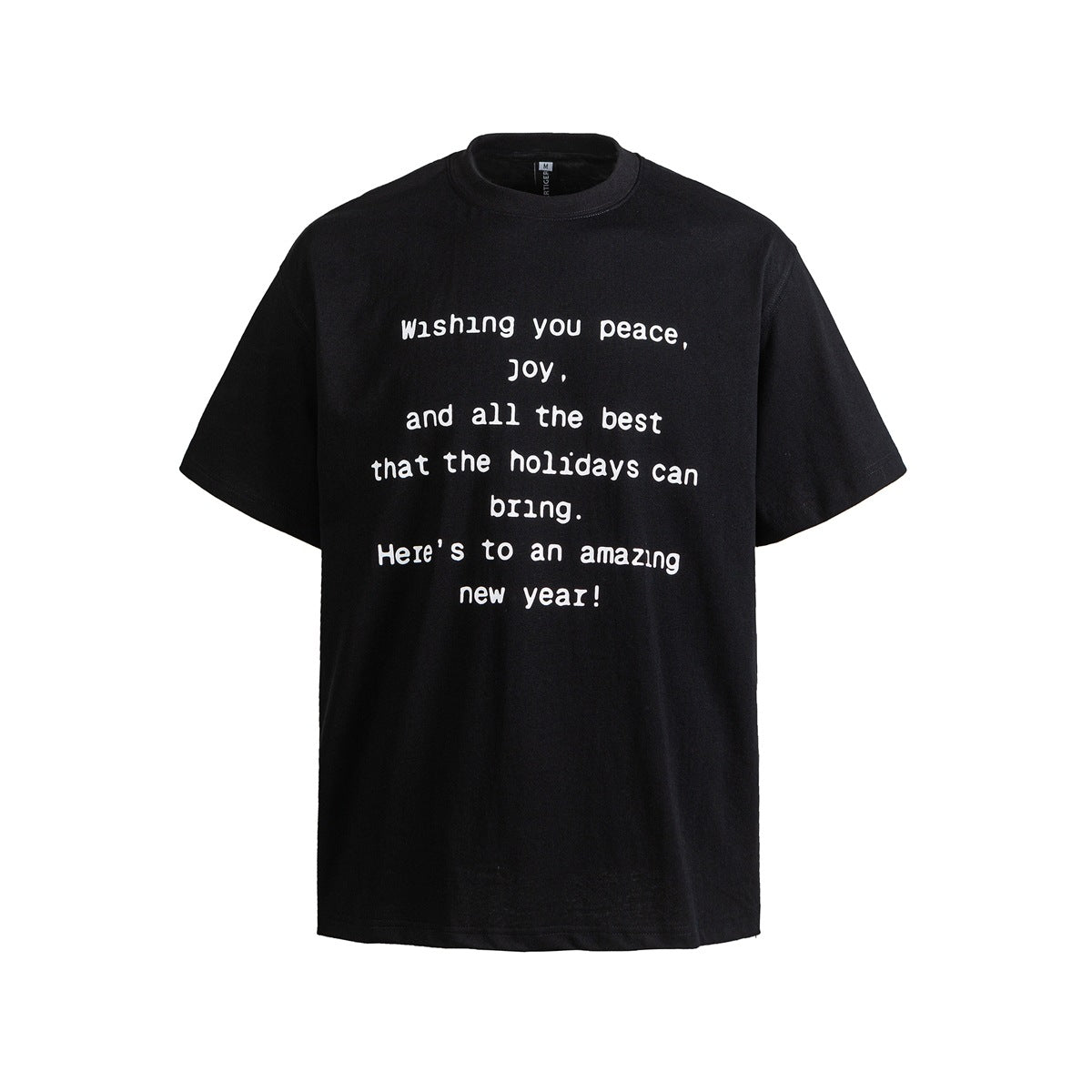 Black crew-neck T-shirt with white typewriter-style holiday message print, flat front view