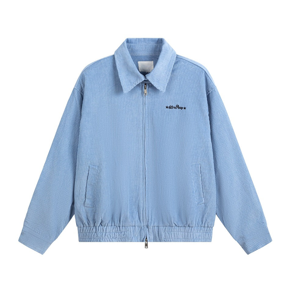 Light blue corduroy zip jacket with a collar, front pockets and elastic hem, flat lay front view