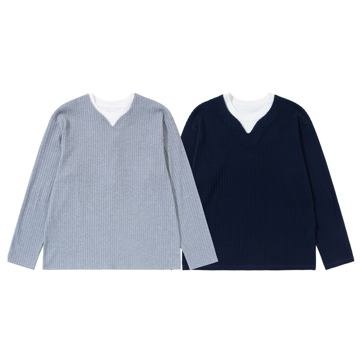 Two flat-lay long-sleeve ribbed tops in light gray and navy, each with a white crew neck and V-shaped inset.