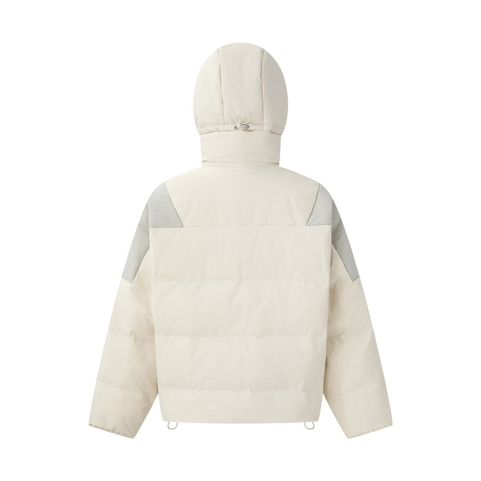 Back view of an off-white hooded jacket with pale gray shoulder panels and horizontal quilted sections.