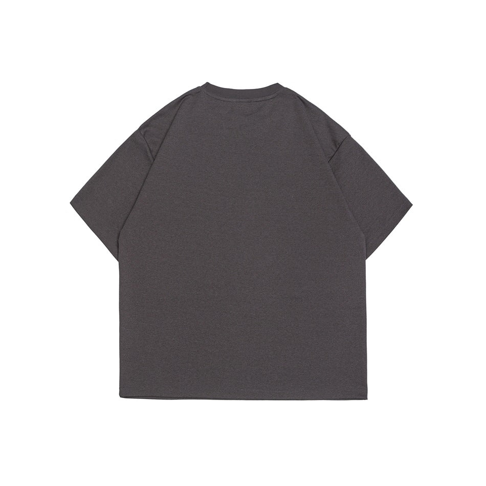 Back view of a plain charcoal short-sleeve crew-neck T-shirt laid flat.