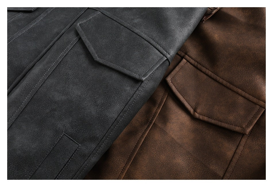 Close-up of flap chest pockets on charcoal and brown jackets.