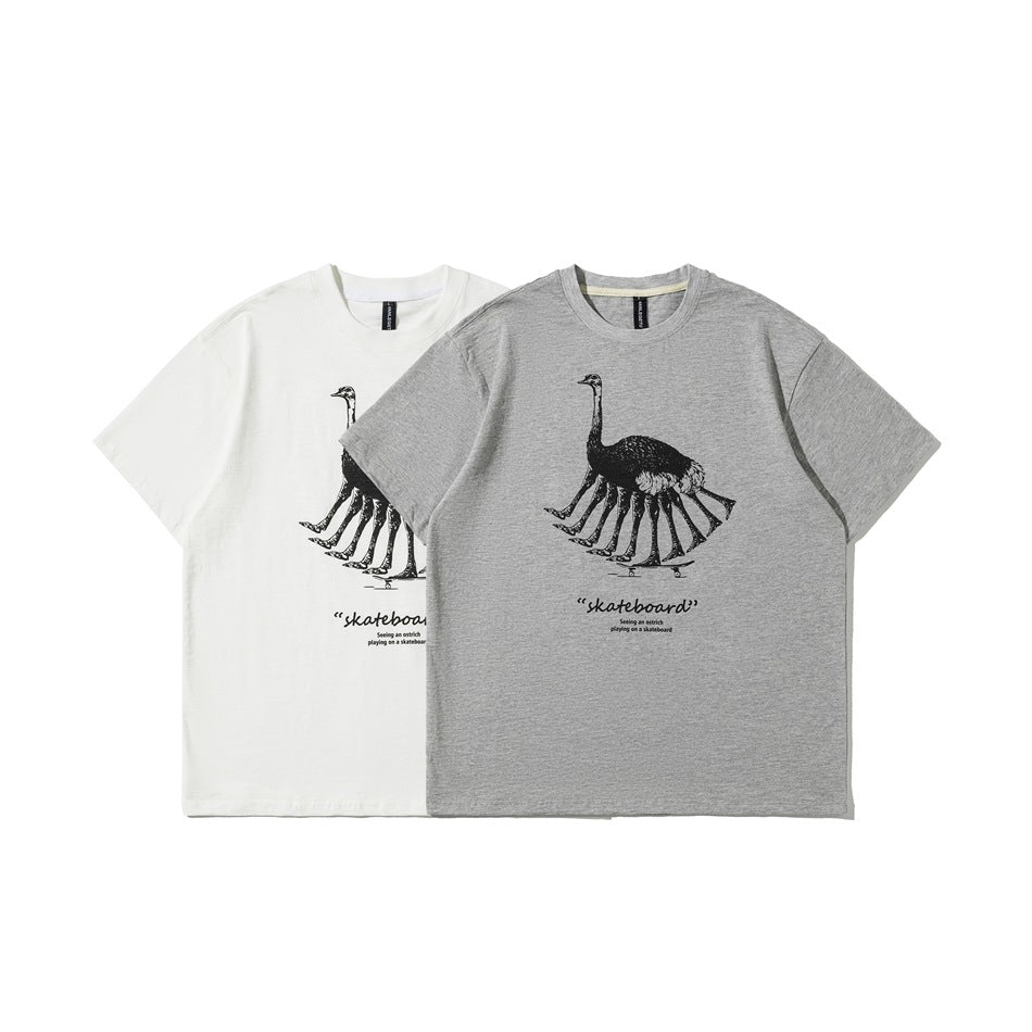 White and heather-gray short-sleeve crew-neck T-shirts with matching black ostrich skateboard graphics, shown from the front.