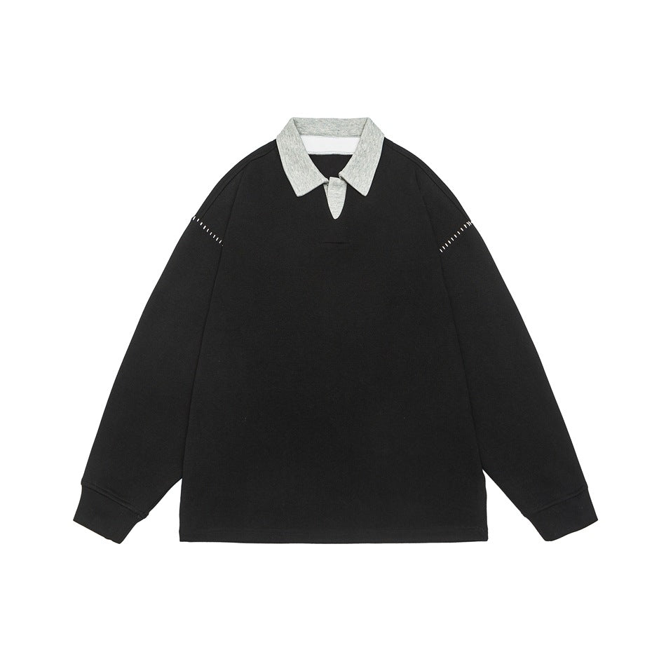Black long-sleeve pullover with gray polo collar and white contrast stitching on the shoulders, flat front view