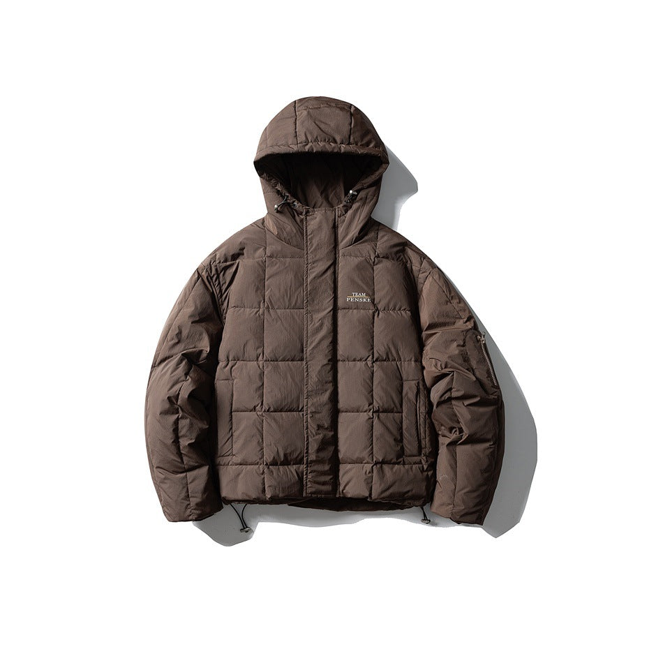 Dark brown hooded square-quilted puffer jacket, front flat view with chest logo and sleeve pocket