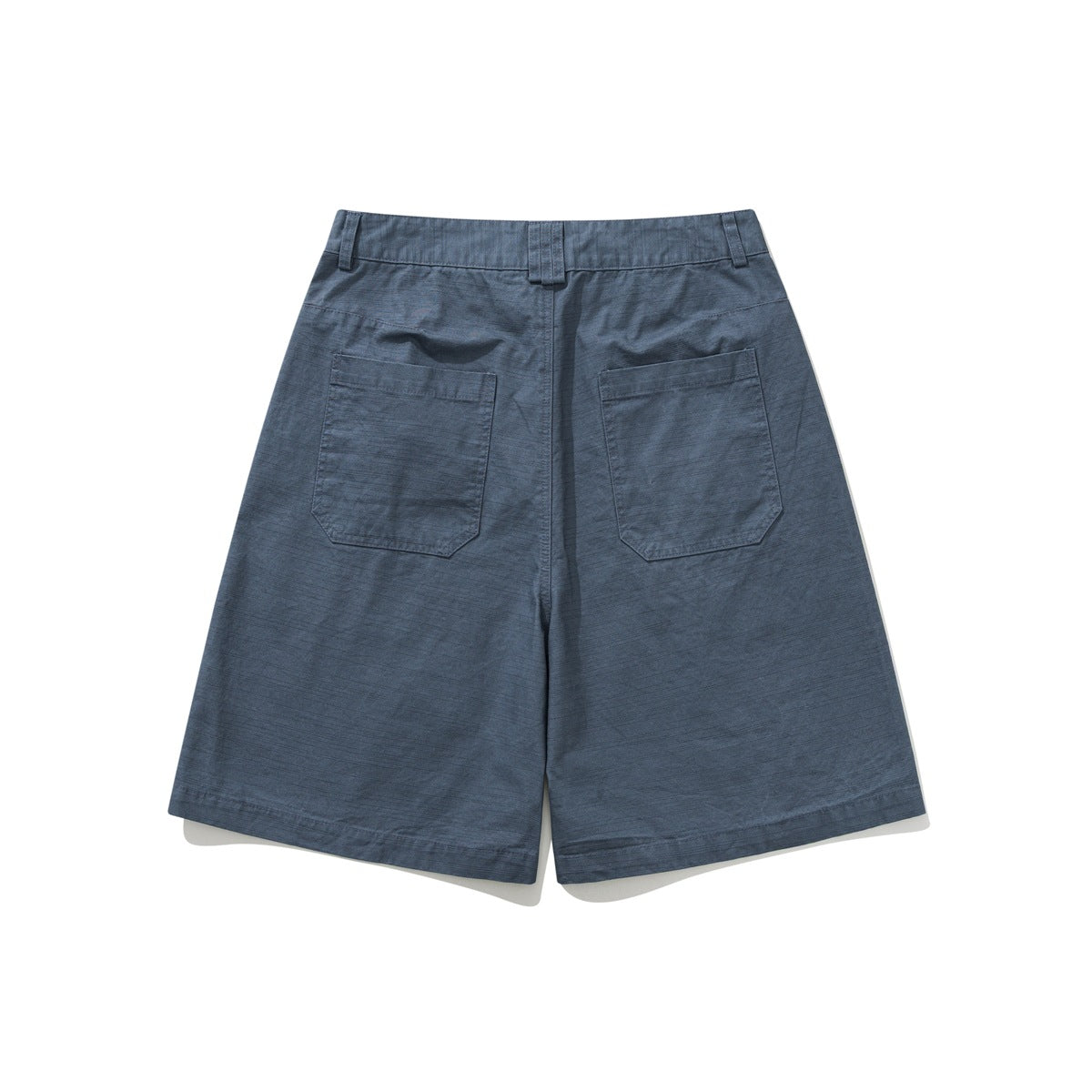 Blue-gray shorts shown from the back, with belt loops, two patch pockets, and wide straight legs.