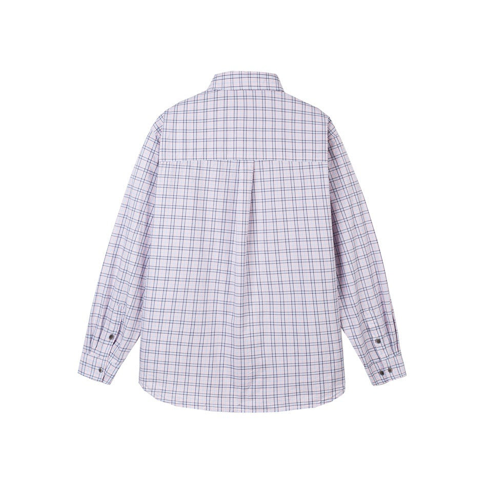 Back view of a pale pink plaid long-sleeve button-up shirt laid flat, showing its yoke and center pleat.