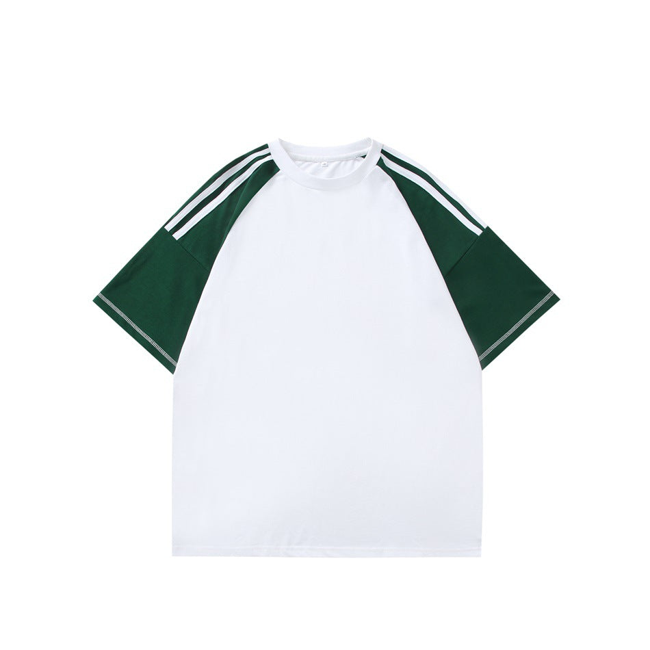 White crew-neck T-shirt with dark green raglan sleeves, white shoulder stripes and contrast stitching at the sleeve hems
