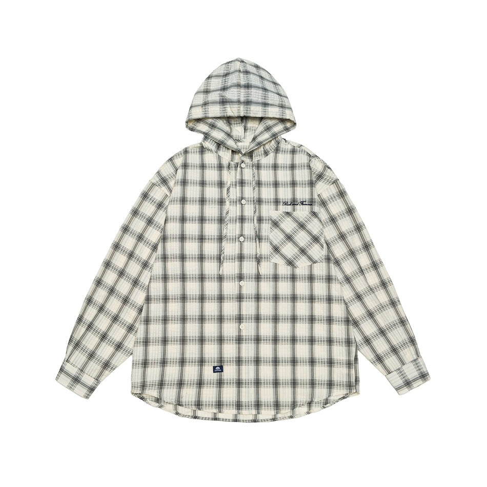Cream and gray plaid hooded button-front shirt with chest pocket, flat lay front view