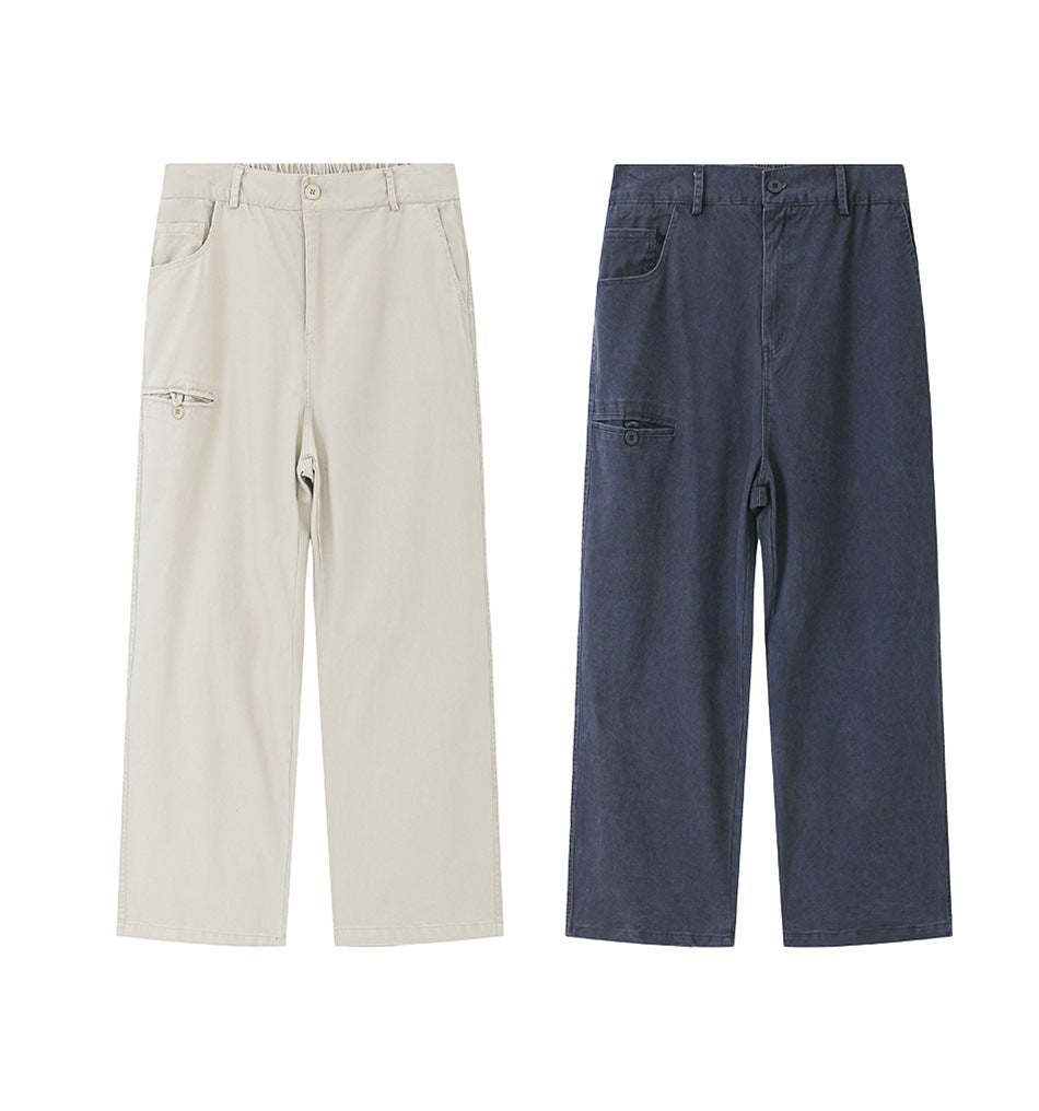 Front views of wide-leg trousers in light beige and dark navy, each with a button waist and utility pocket.