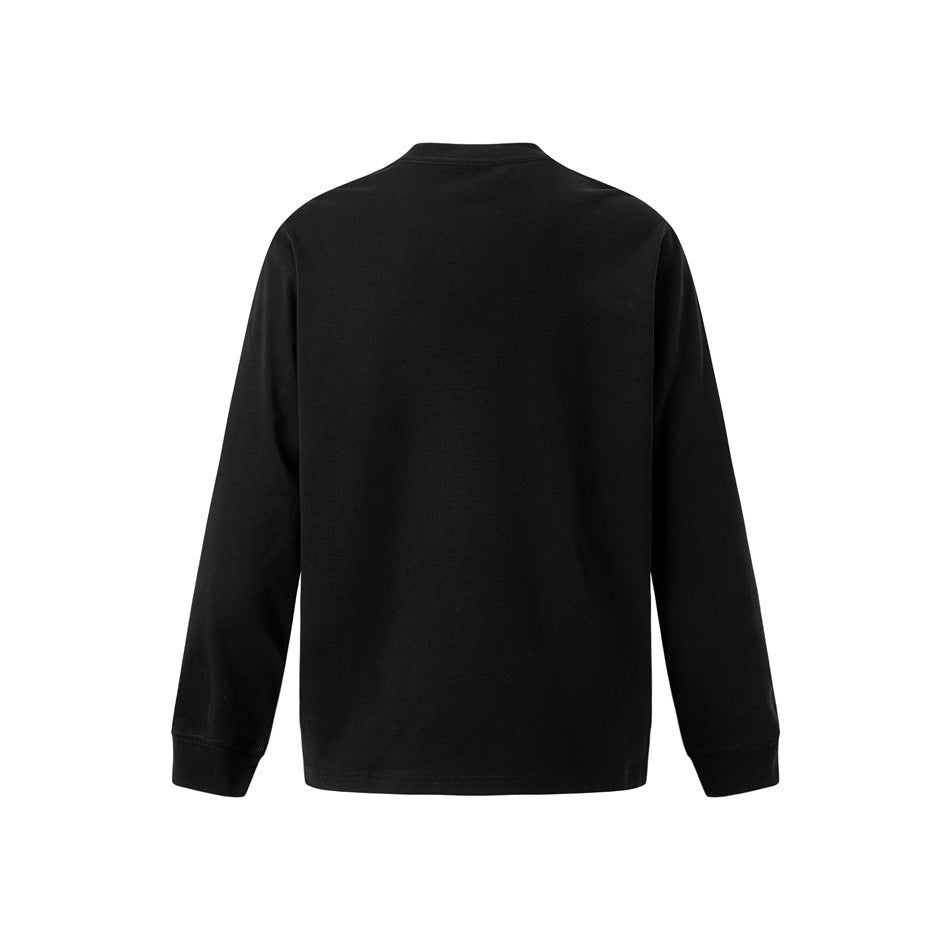 Back view of a plain black long-sleeve crewneck top with ribbed cuffs.
