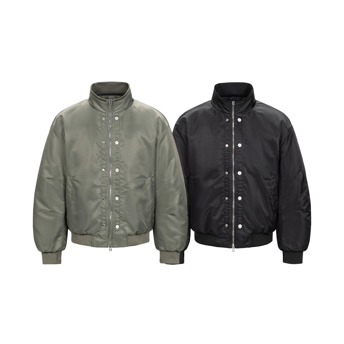Front view of two stand-collar bomber jackets, one olive-gray and one black, with zip fronts and ribbed cuffs.