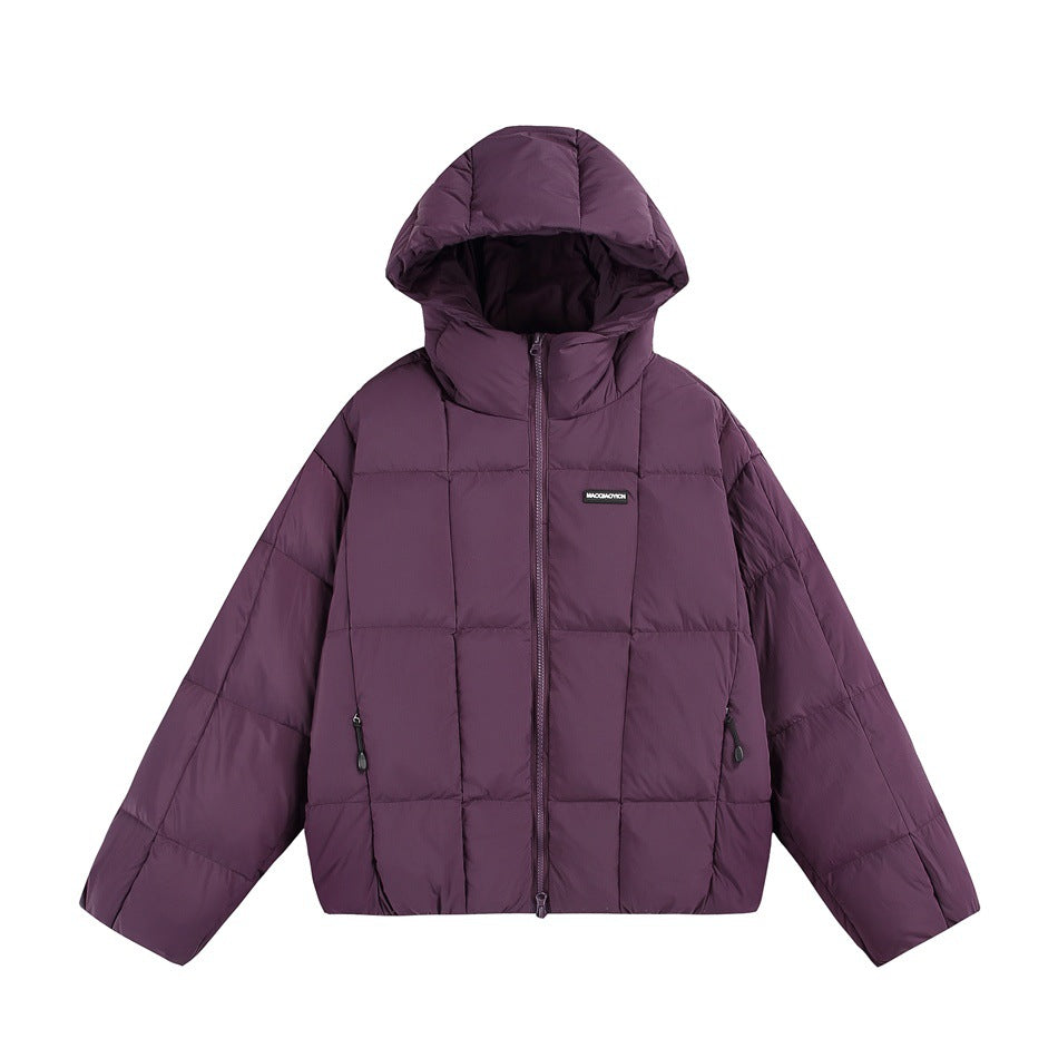Purple hooded square-quilted puffer jacket with front zipper, laid flat, front view