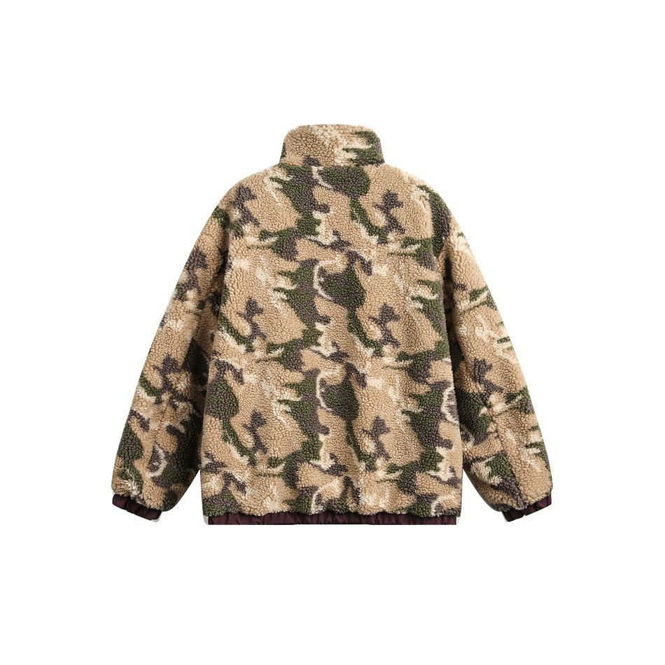 Back view of a beige, olive, and brown camouflage sherpa jacket with a stand collar and burgundy hem and cuffs.