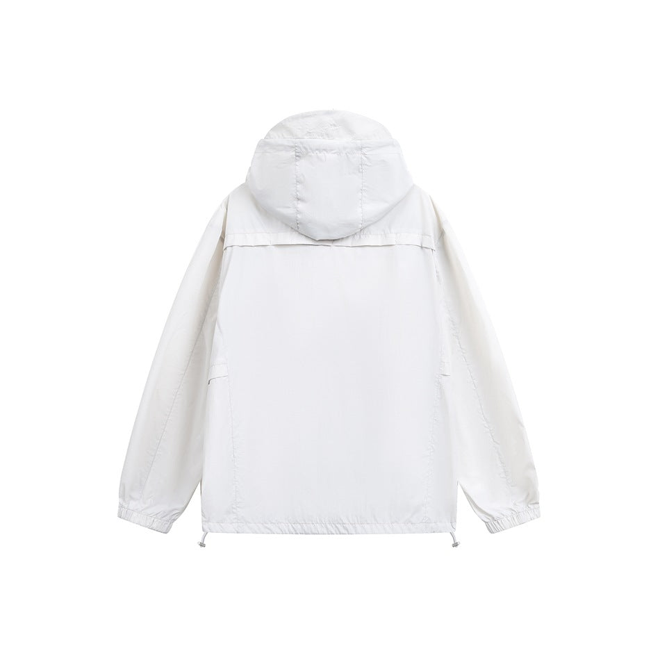 Back view of a white hooded jacket with elastic cuffs and adjustable hem cords on a white background.