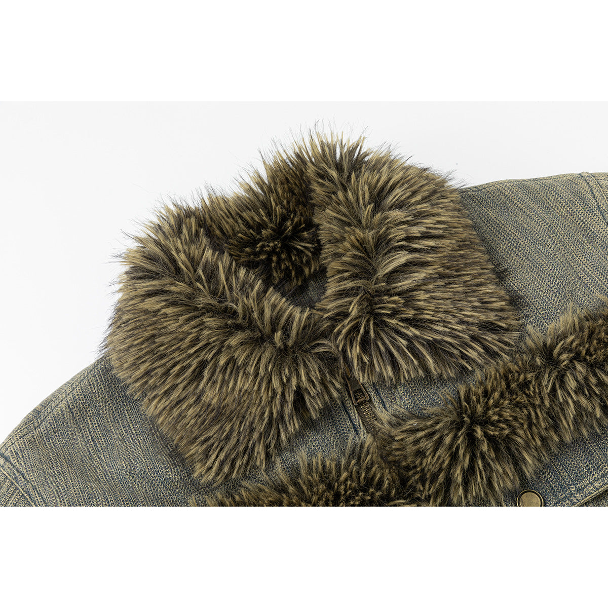 Close-up of a blue-gray jacket collar with thick brown and black faux-fur trim and a front zipper.