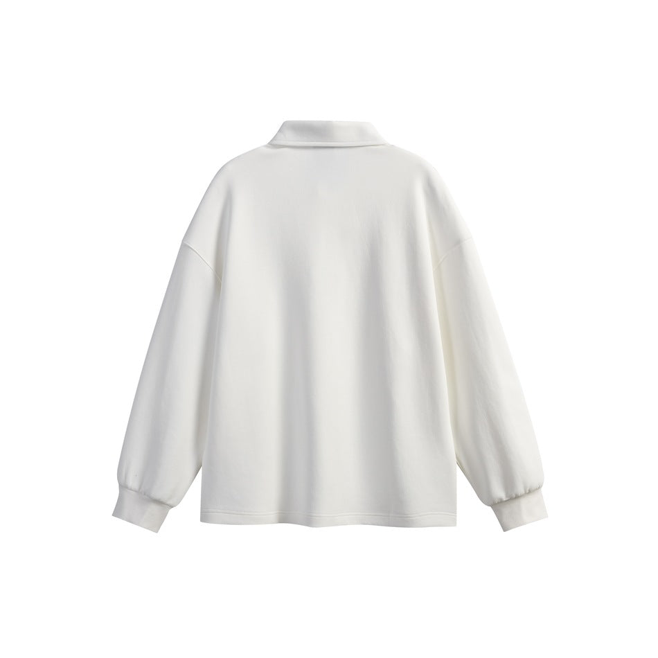 Back view of a plain white collared long-sleeve pullover with dropped shoulders and ribbed cuffs.
