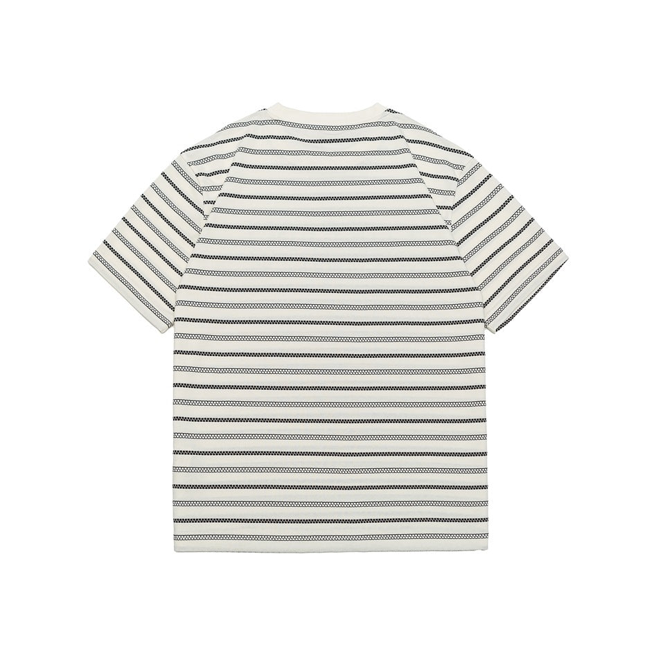 Back view of a cream short-sleeve T-shirt with horizontal dark textured stripes and no graphic