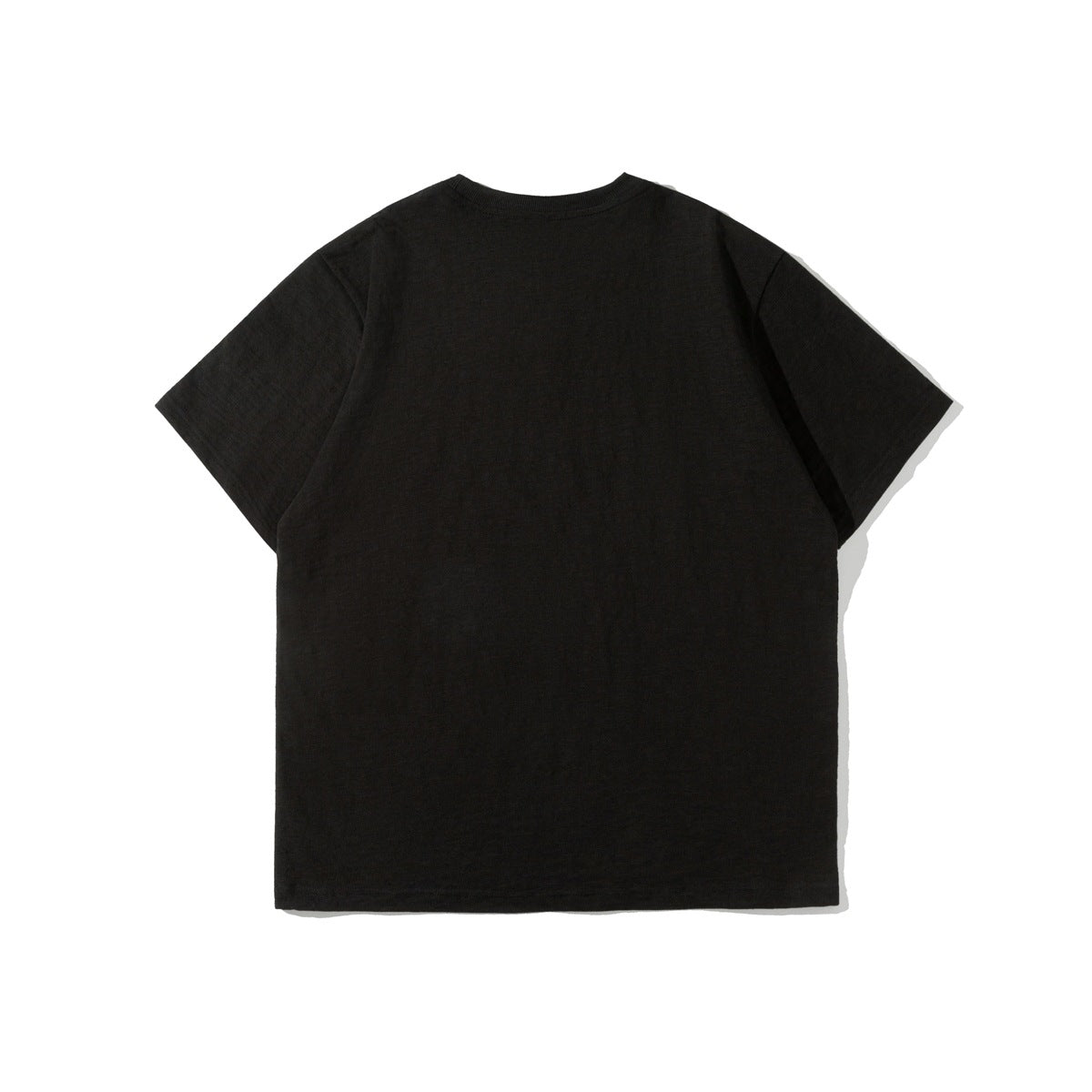 Back view of a plain black short-sleeve crew-neck T-shirt.