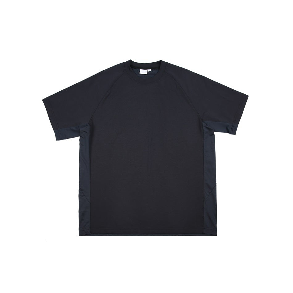 Black short-sleeve crew-neck T-shirt with raglan sleeves and dark navy side panels, flat lay front view