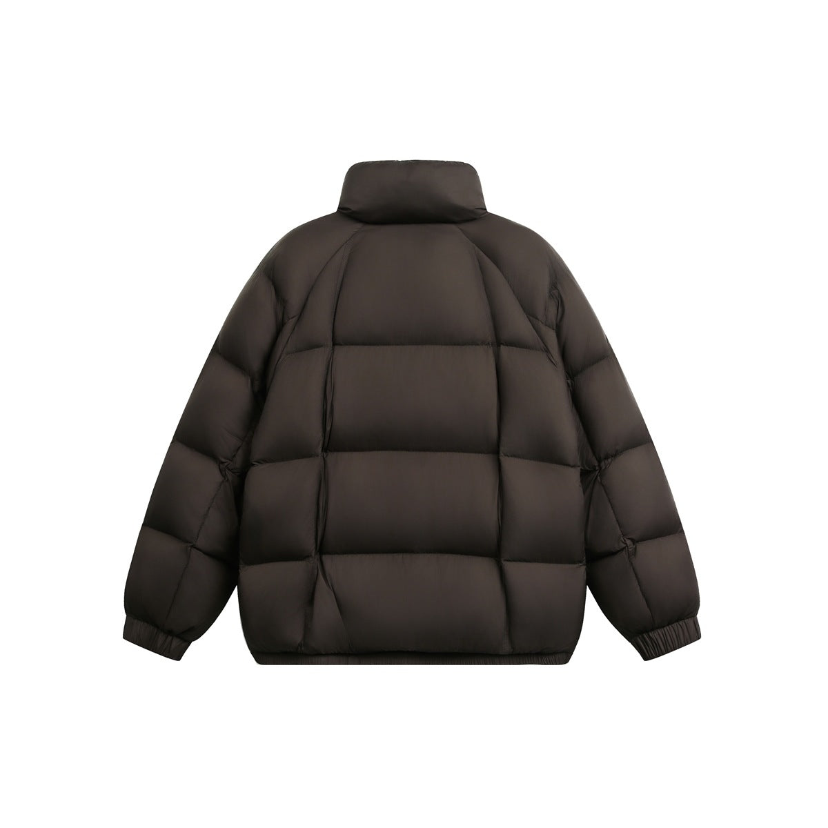 Back view of a dark brown padded jacket with a high collar, horizontal quilted panels, and elastic cuffs.