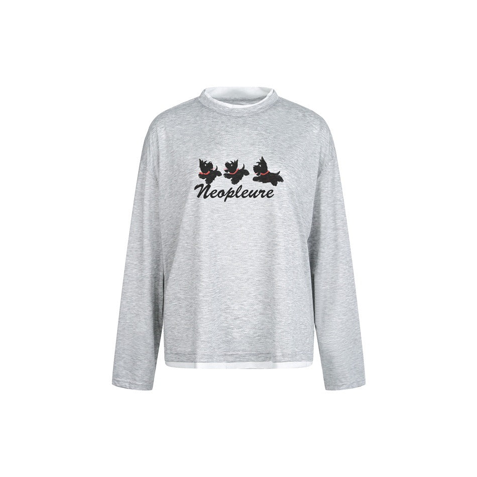 Heathered gray long-sleeve top with white layered collar and hem and a three-dog print above script text