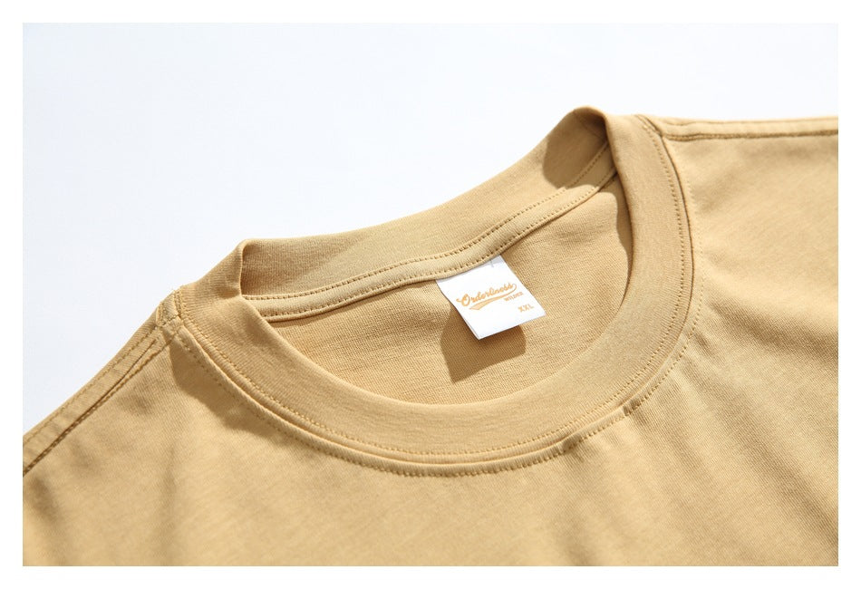 Close-up of the shirt's crew neckline and sewn-in neck label showing a brand name and XL size.