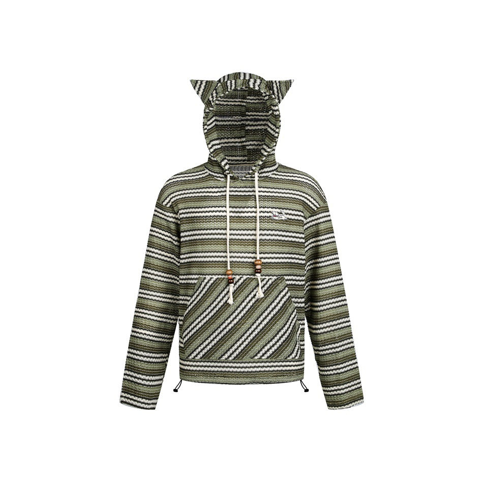Green and cream striped cat-ear hoodie with diagonal-stripe front pocket and beaded drawstrings, front view