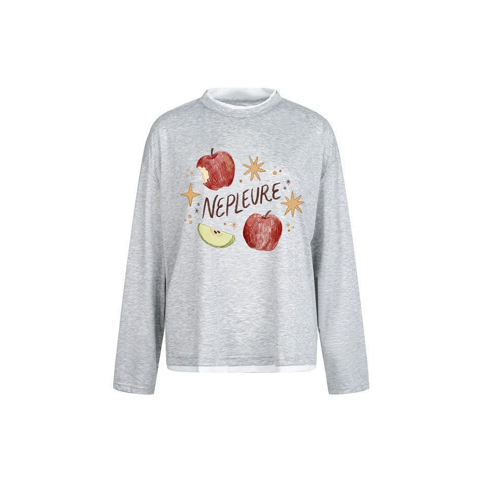 Heathered gray long-sleeve tee with white layered collar and hem and an apple and stars graphic on the front