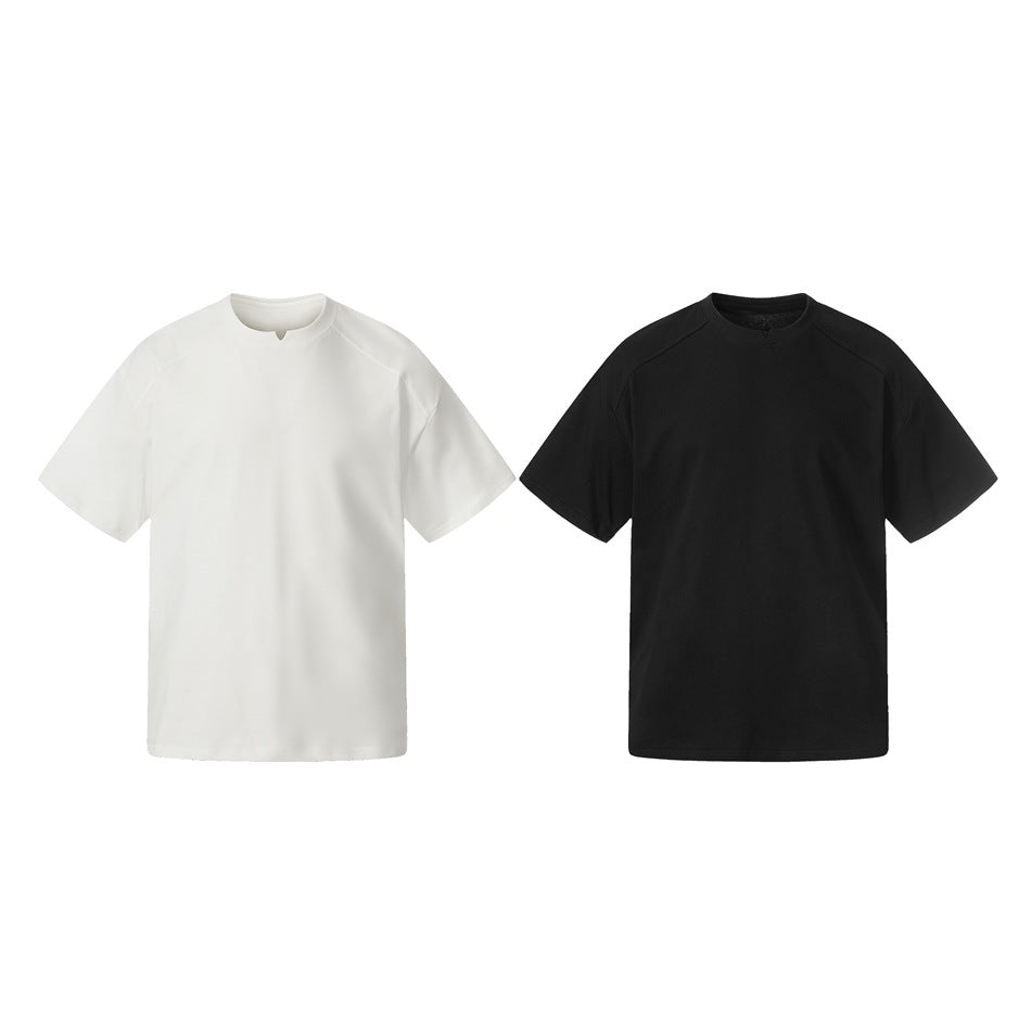 Plain short-sleeve crew-neck T-shirts with small center neckline notches shown in white and black.