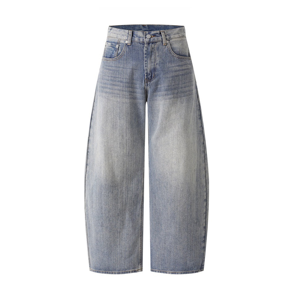 Washed light blue barrel-leg jeans shown flat from the front on a white background