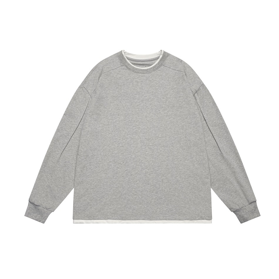 Heather gray long-sleeve crew-neck top with off-white layered collar and hem, flat lay front view