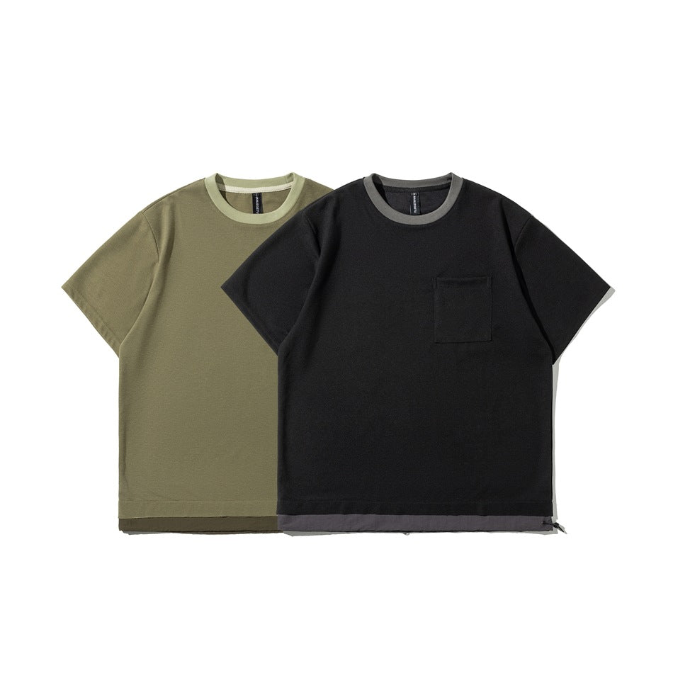 Olive and black short-sleeve crew-neck T-shirts shown front-facing; the black shirt has a chest pocket and contrast hem.