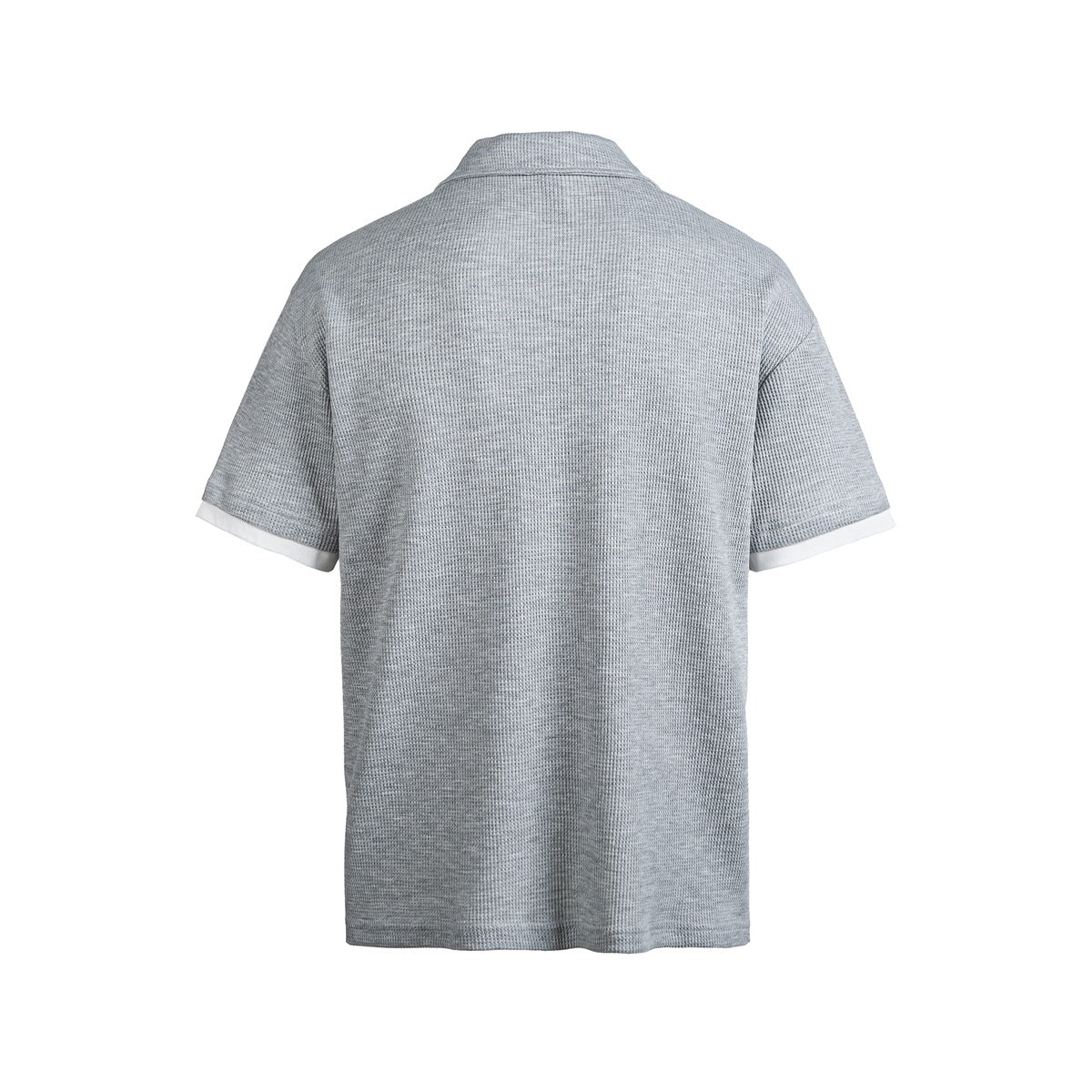 Back view of gray waffle-knit short-sleeve polo with white layered sleeve cuffs