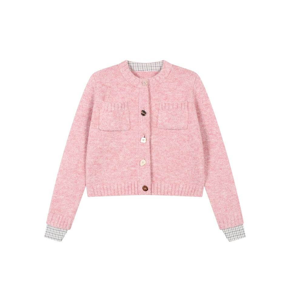 Pink knit cardigan flat lay with button front, two chest pockets and grid-check trim at neckline and cuffs