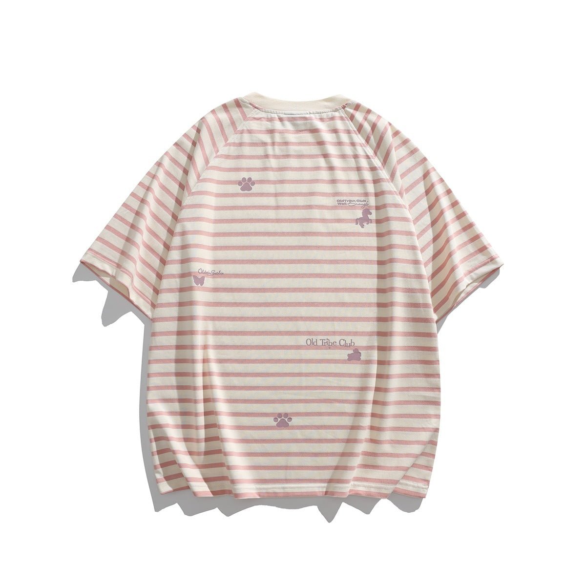 Front view of a cream short-sleeve raglan T-shirt with dusty pink horizontal stripes and small purple animal and paw-print
