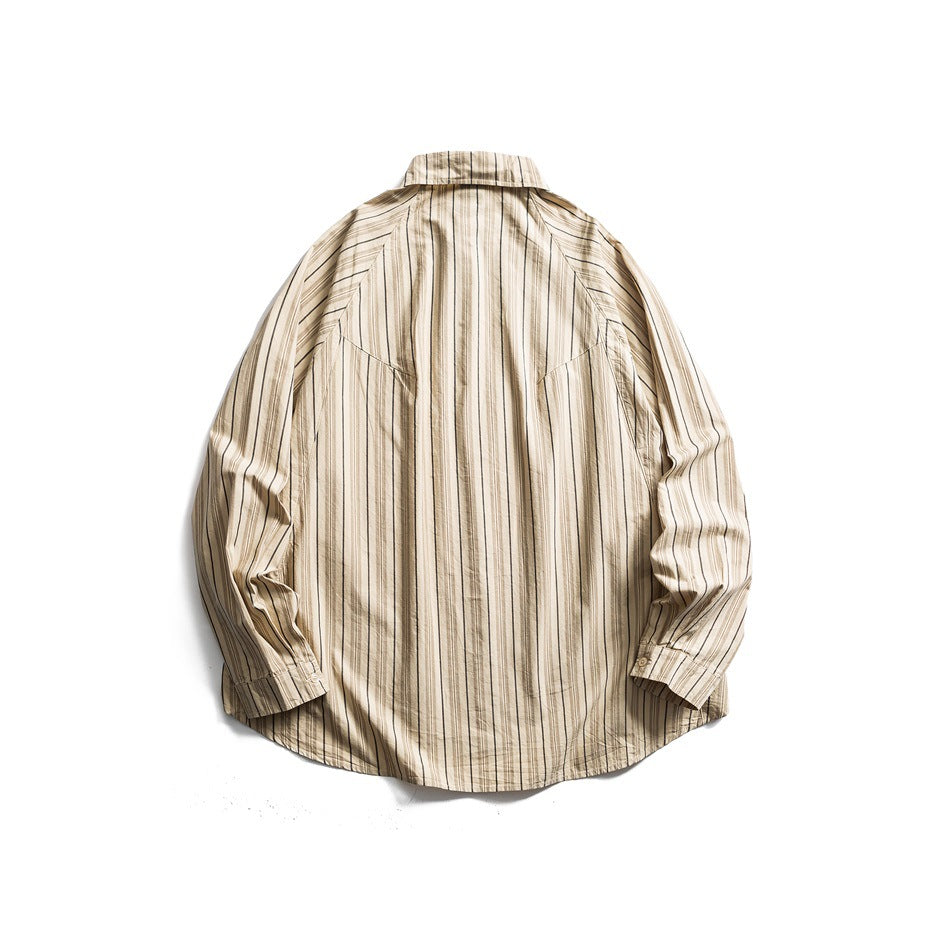 Back view of a beige long-sleeve button-up shirt with vertical stripes, laid flat.