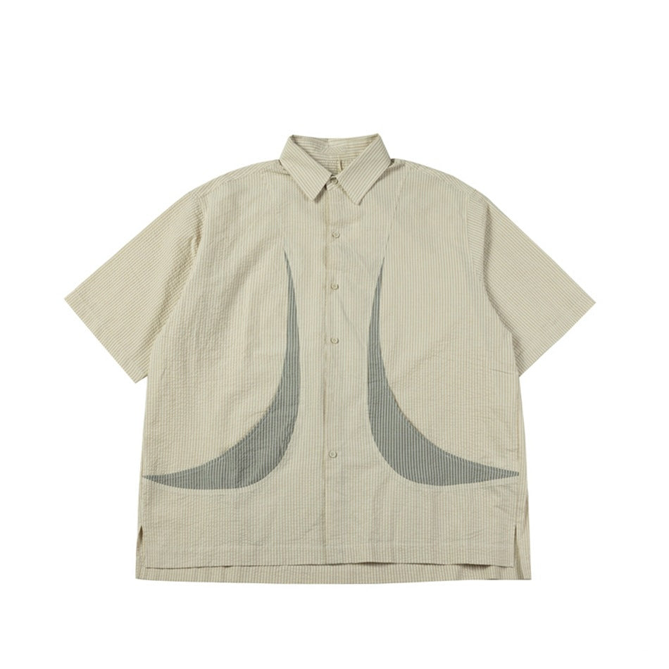 Khaki striped short-sleeve button-up shirt with curved gray-green contrast panels, flat front view