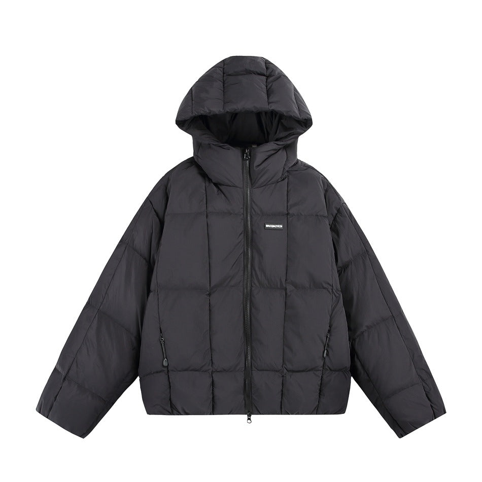 Black hooded square-quilted puffer jacket with front zipper and side zip pockets, flat front view