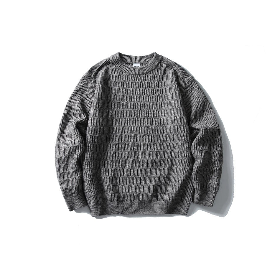 Gray crew-neck knit sweater with basket-weave texture, flat lay front view