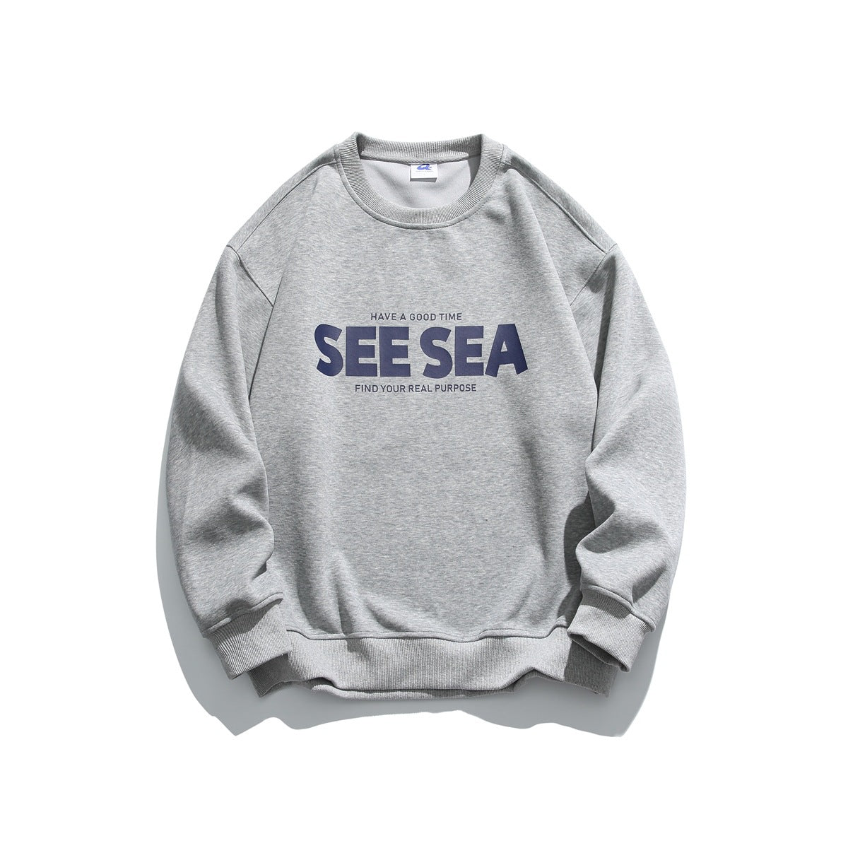 Heather gray crew-neck sweatshirt with navy 'SEE SEA' chest print, ribbed collar, cuffs and hem, flat lay