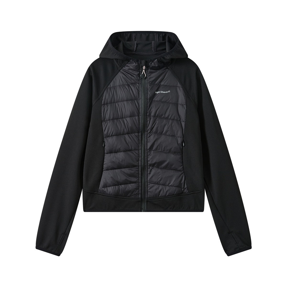 Black hooded full-zip jacket with a quilted center panel and textured grid-knit sleeves, flat front view