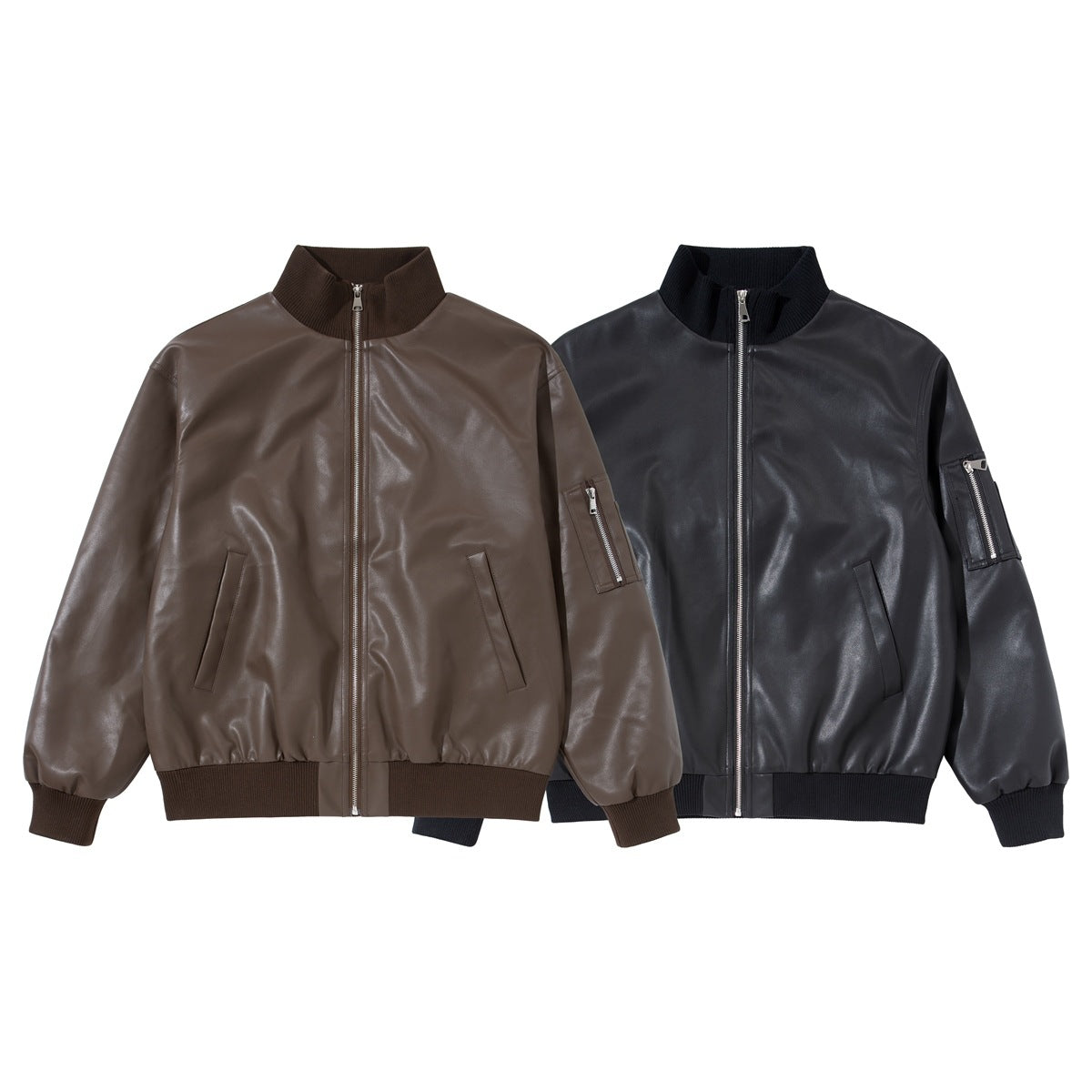 Front view of brown and black zip-front jackets with ribbed collars, cuffs, hems, and sleeve pockets.