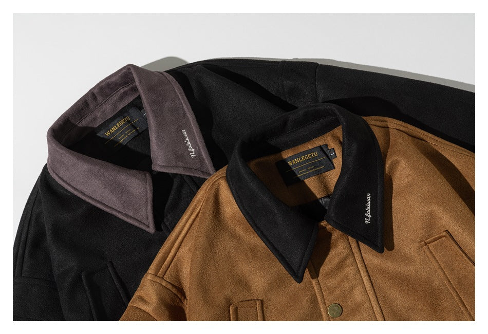 Black and camel jackets with contrasting collars, shown overlapping in a close-up.