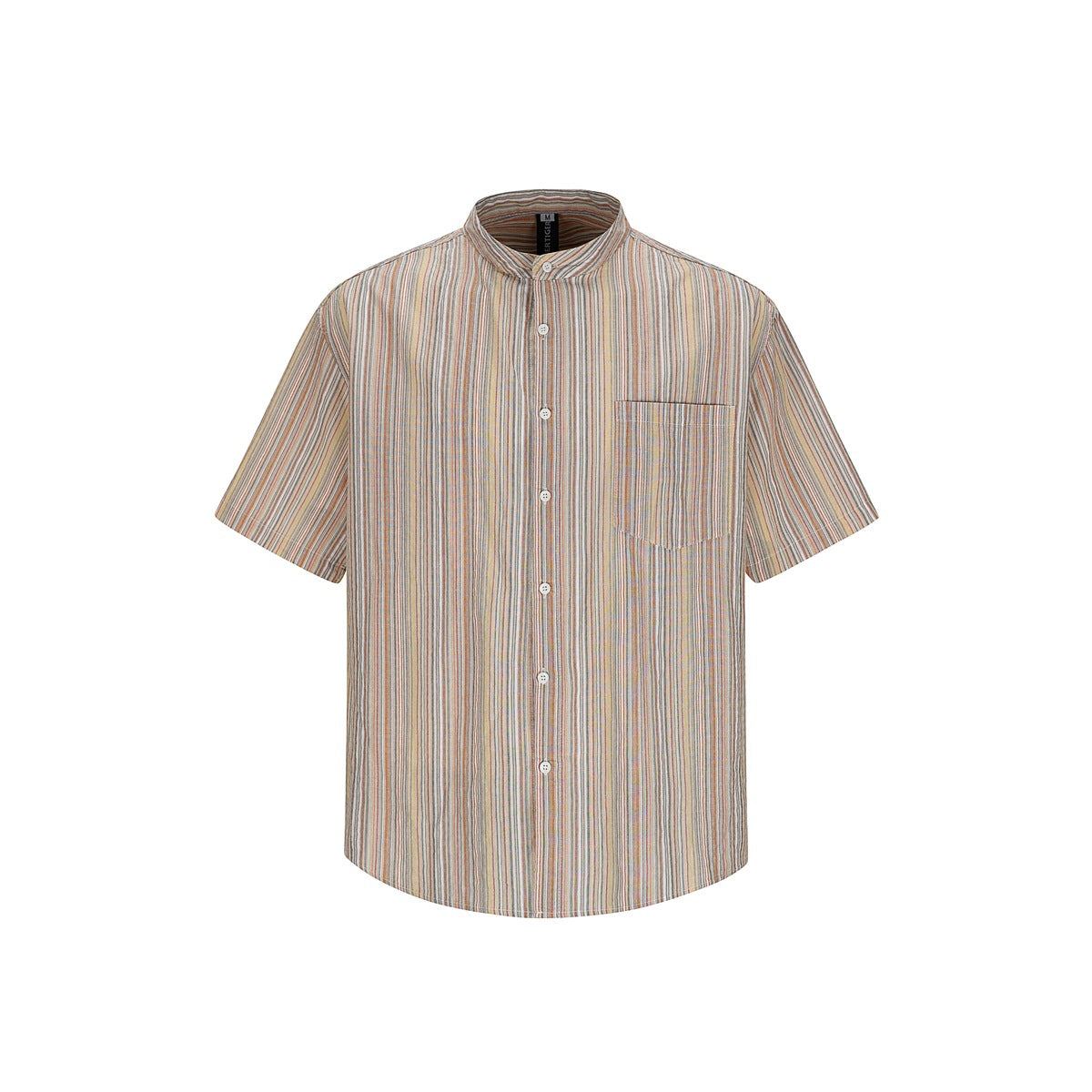 Multicolor striped short-sleeve button-up shirt with stand collar and chest pocket, flat front view